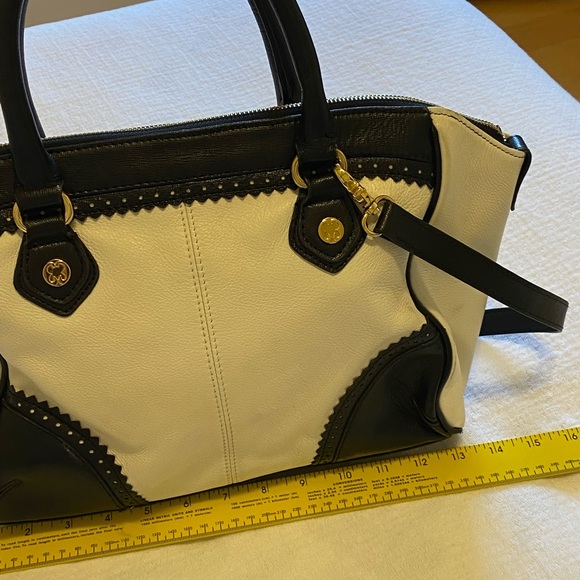 EMMA FOX Navy White Leather Zip Top Shoulder And Elbow Straps Satchel Bag - Picture 11 of 12